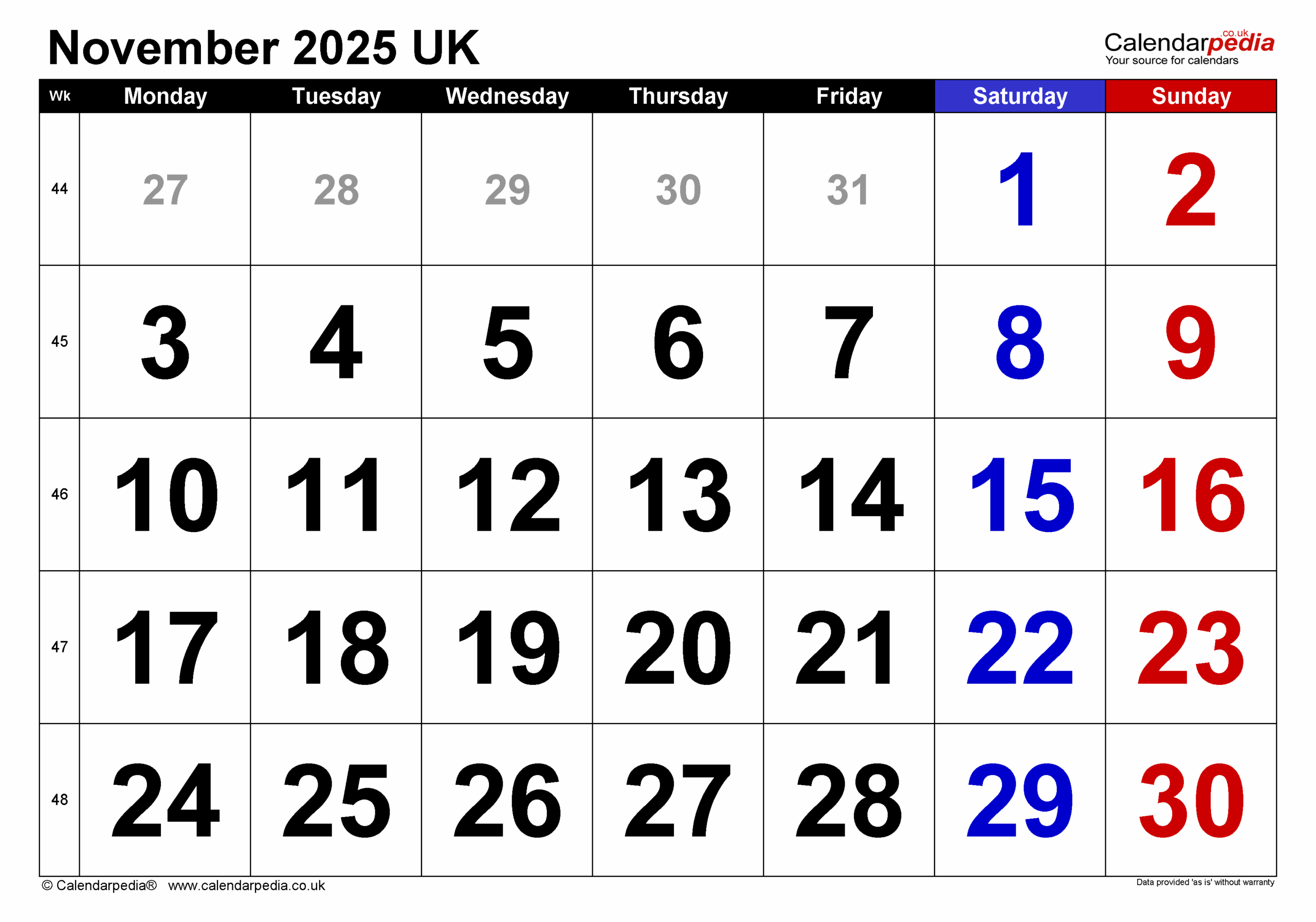 November 2025 Calendar Calendarpedia