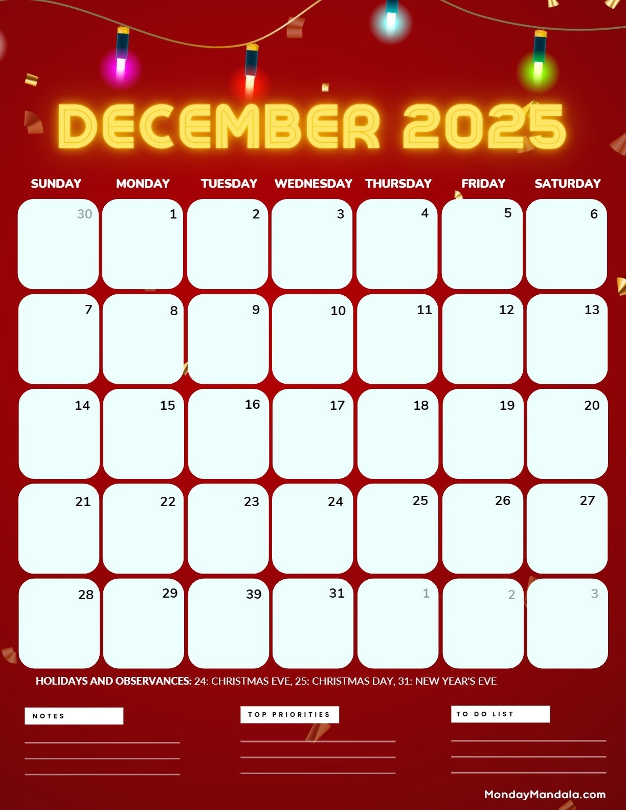 December Calendar Days 2025