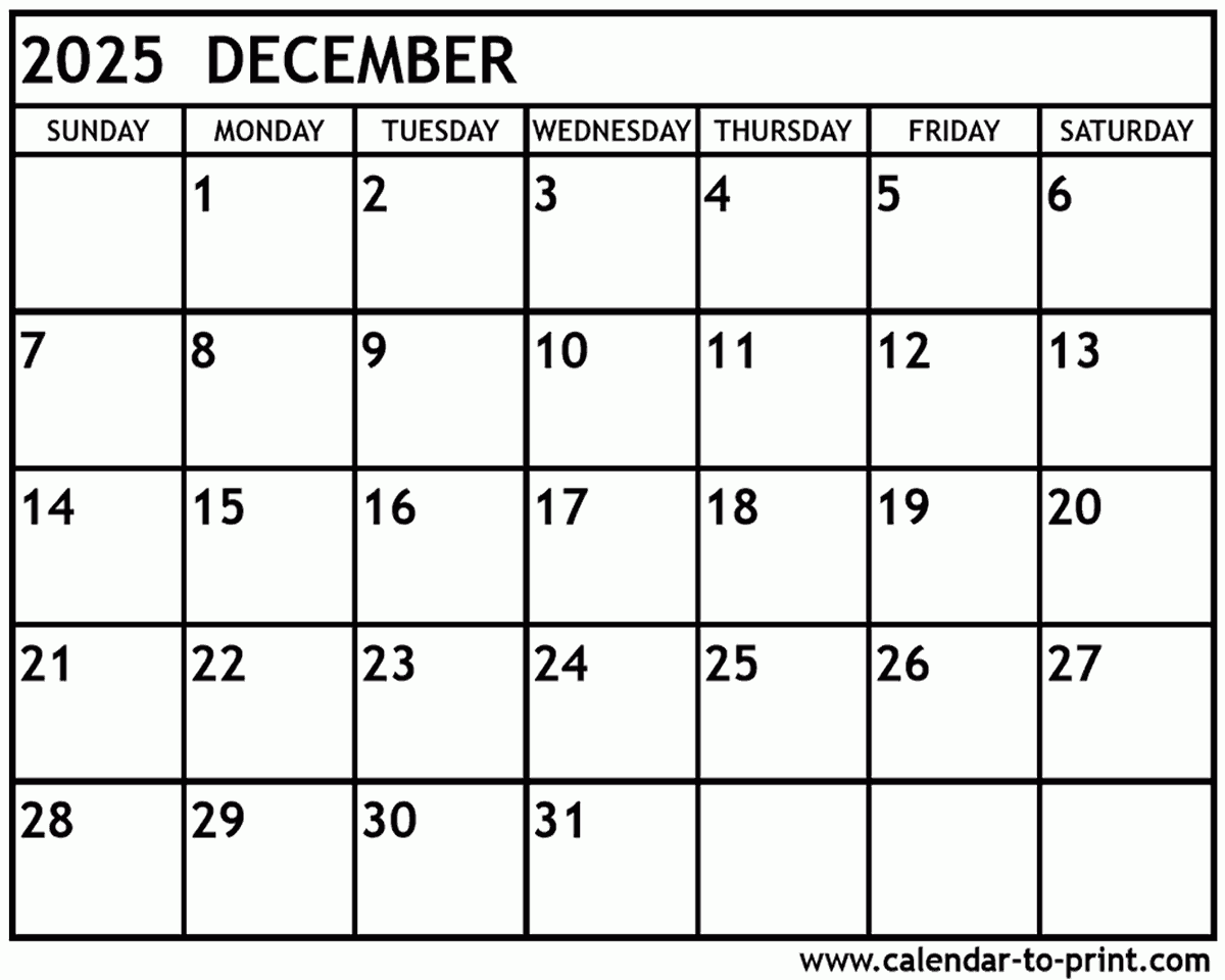 December 2025 Calendar Printable Kids