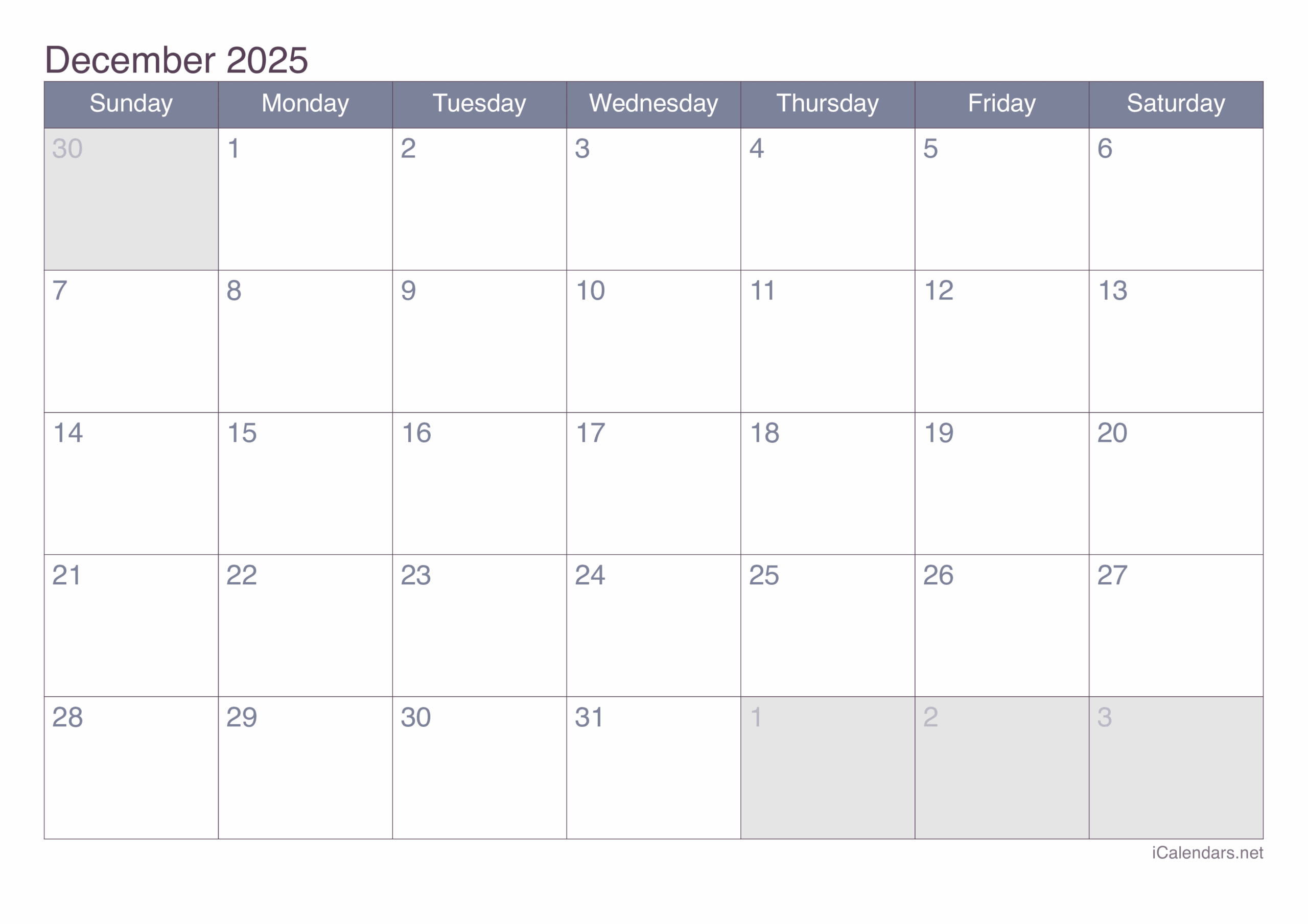 Downloadable Calendar December 2025