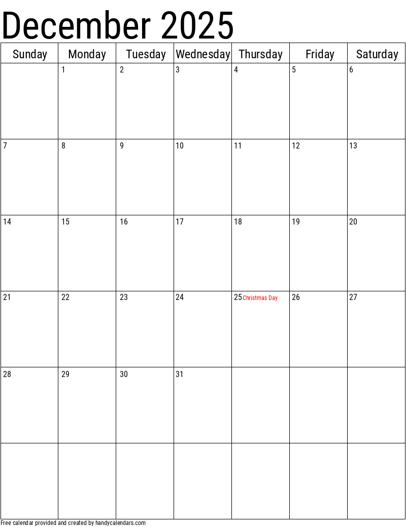 December Calendar 2025 Vertical