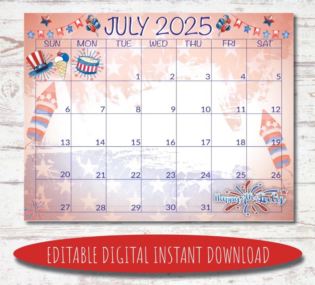 Editable July 2025 Calendar Digital Calendar Printable Calendar July Calendar Watercolor Calendar July 2025 Calendar Etsy Canada
