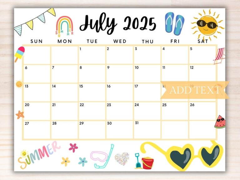 EDITABLE July 2025 Summer Calendar Printable July Calendar School Calendar Monthly Calendar July Planner Fillable Calendar For Summer Etsy UK