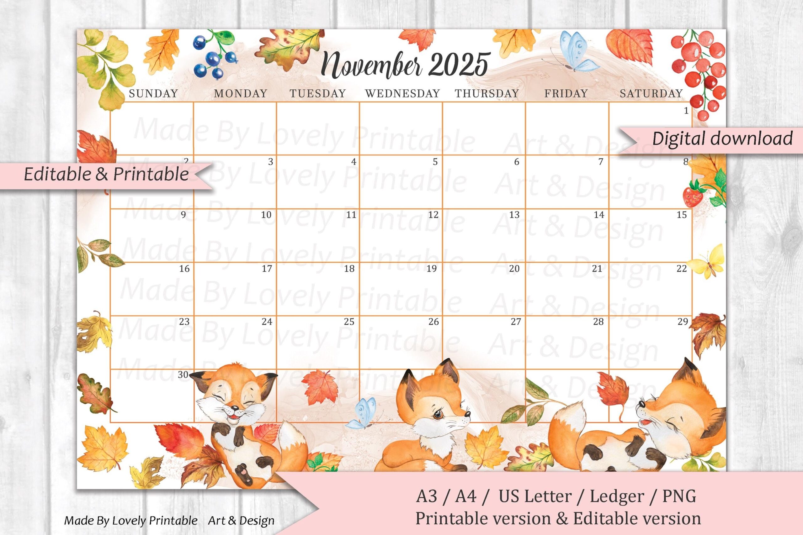 EDITABLE November 2025 Calendar Cute Watercolor Fox Forest 
