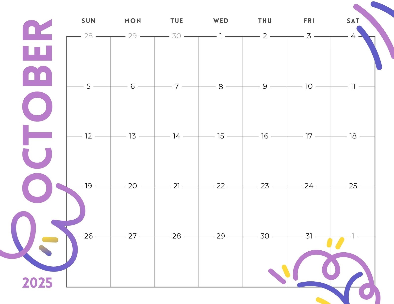 Printable October Monthly Calendar 2025
