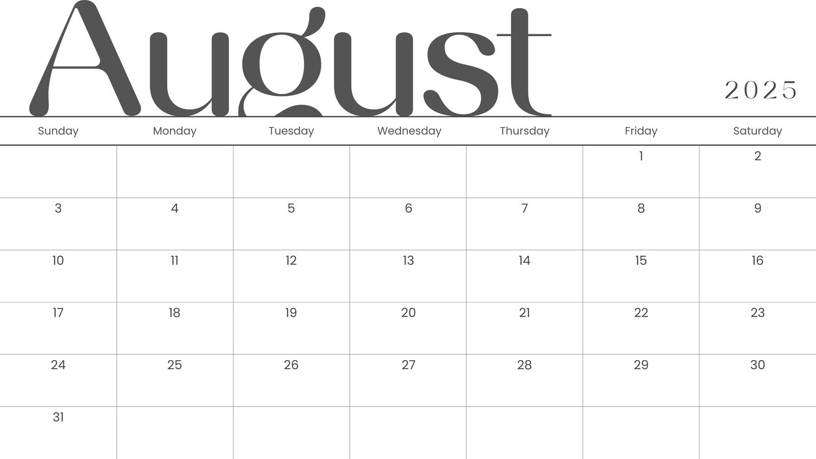 Fillable August Calendar 2025