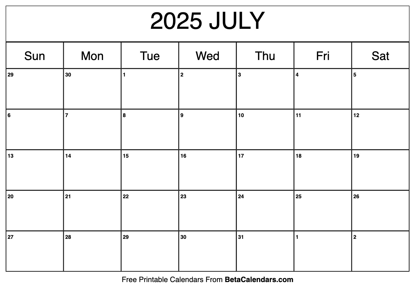 Free Printable July 2025 Calendar