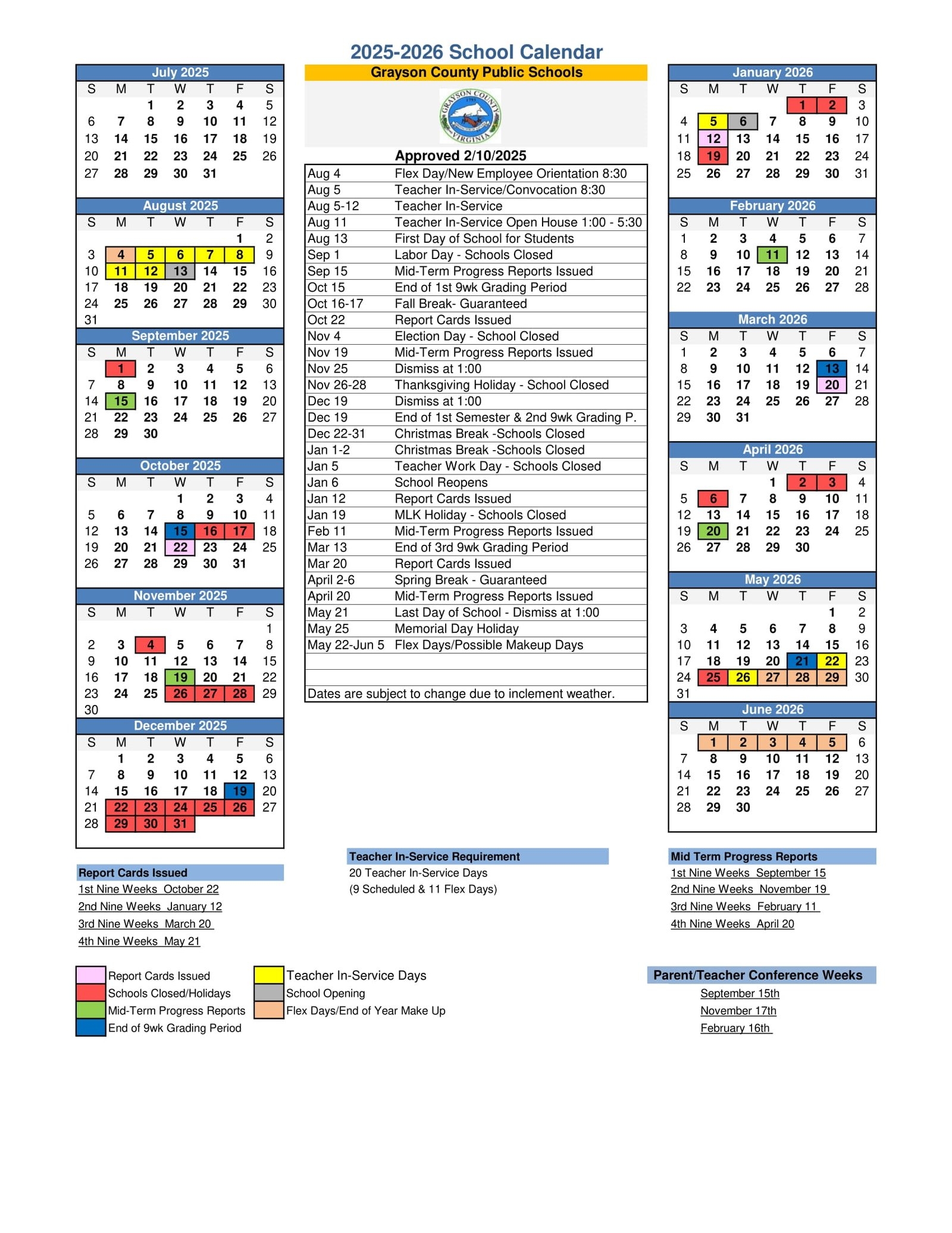 Grayson County VA Public Schools Calendar 25 26 Revised PDF EduCounty