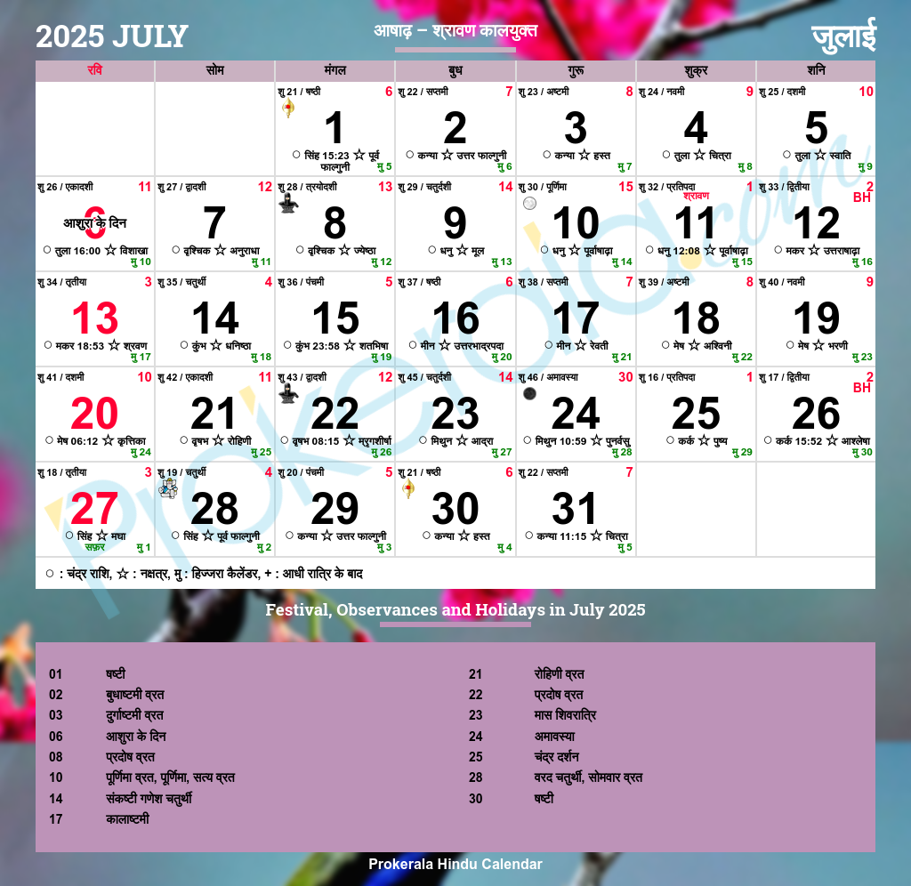 Hindu Calendar July 2025 2025 