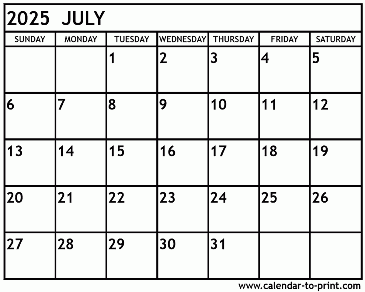 Simple July Calendar 2025 Simple July Calendar 2025