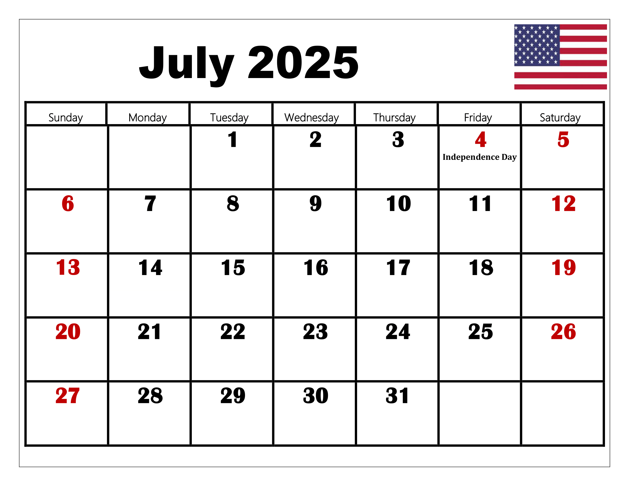 July 2025 Calendar With Notes Printable