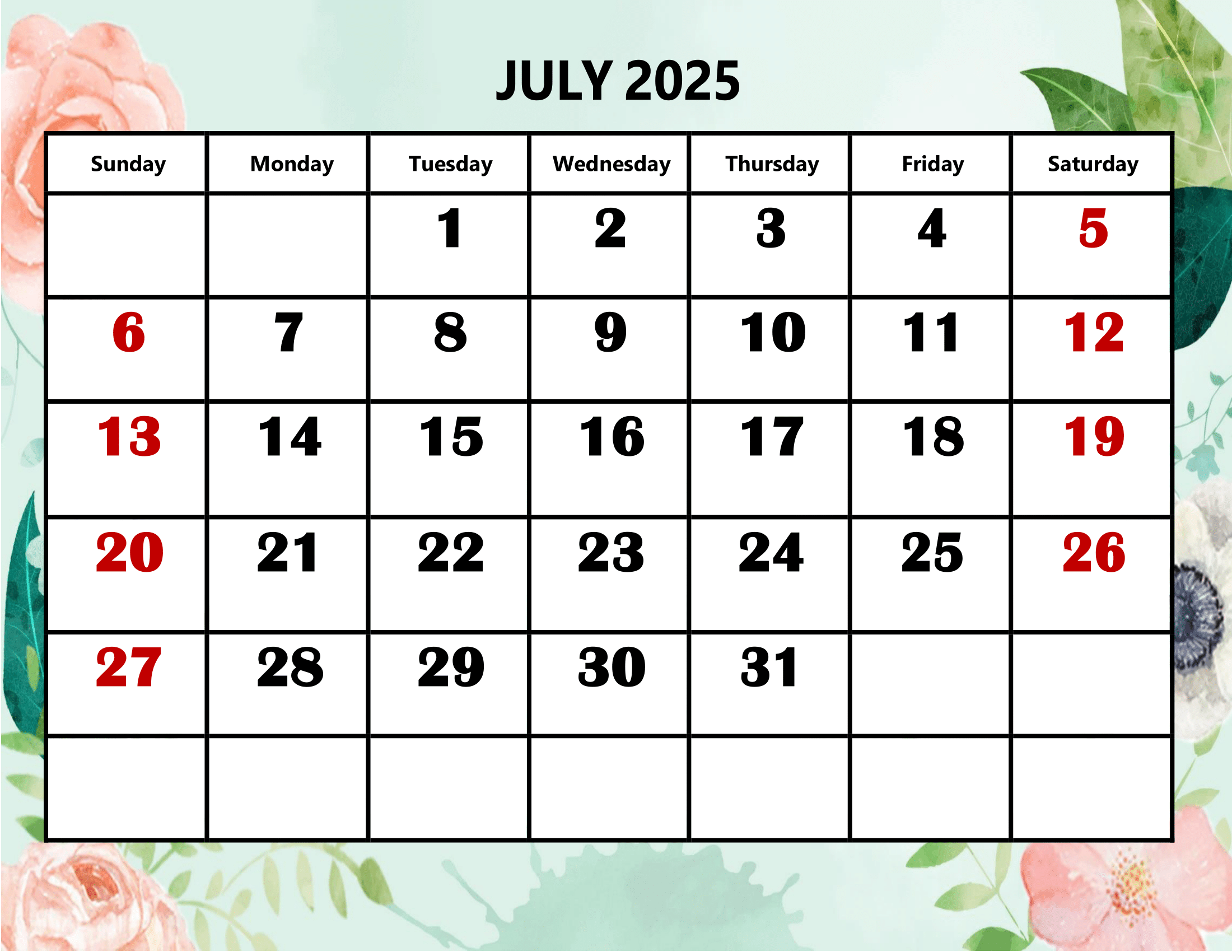 July 2025 Calendar Important Days