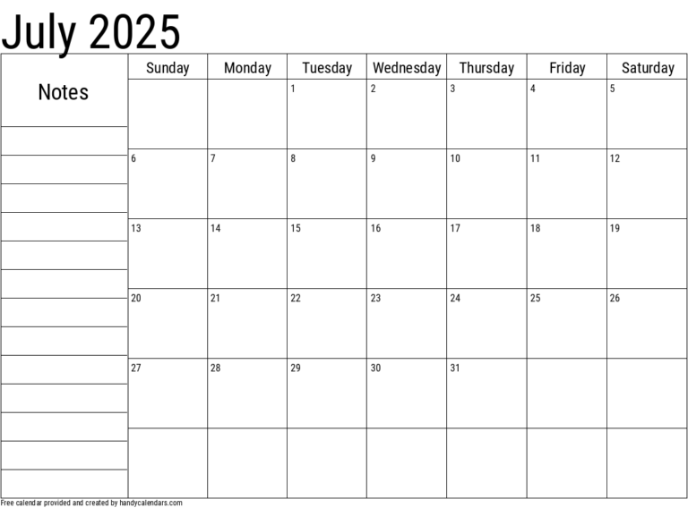 July 2025 Calendar With Notes Handy Calendars