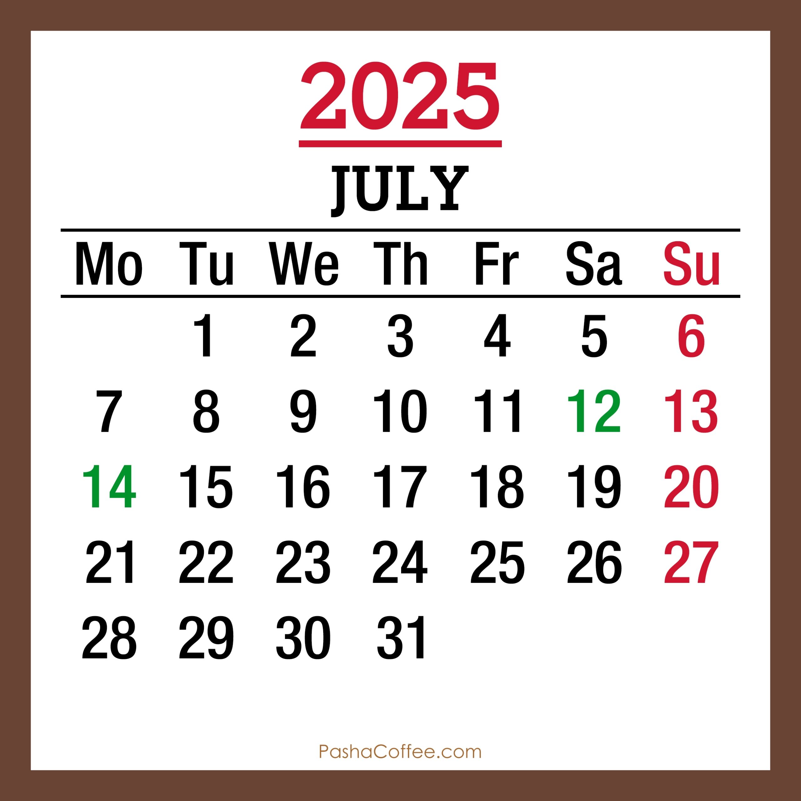 July 2025 Monthly Calendar With UK Holidays Printable Free Brown 