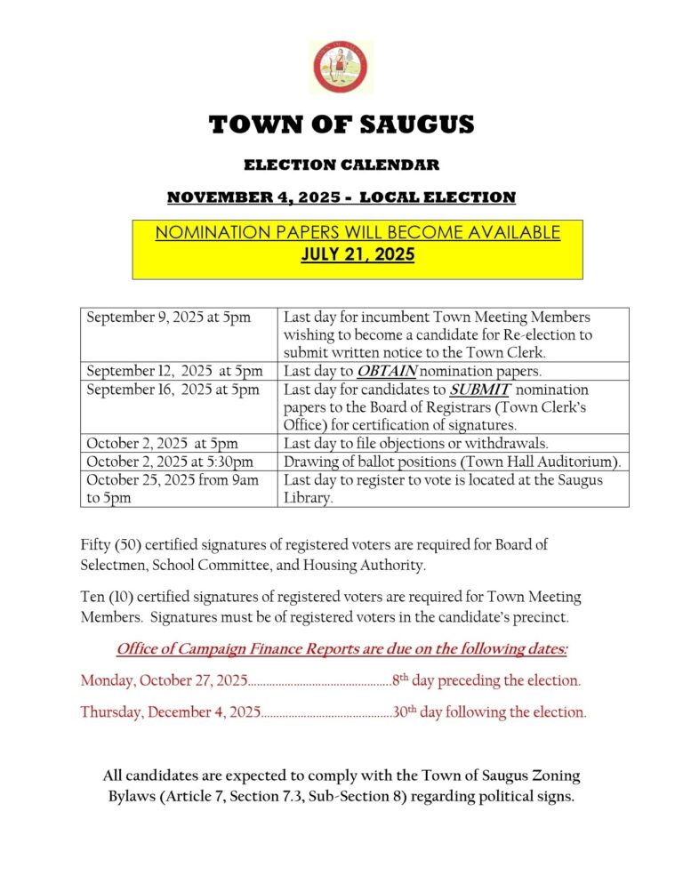 Local Election Calendar November 2025 Town Of Saugus MA