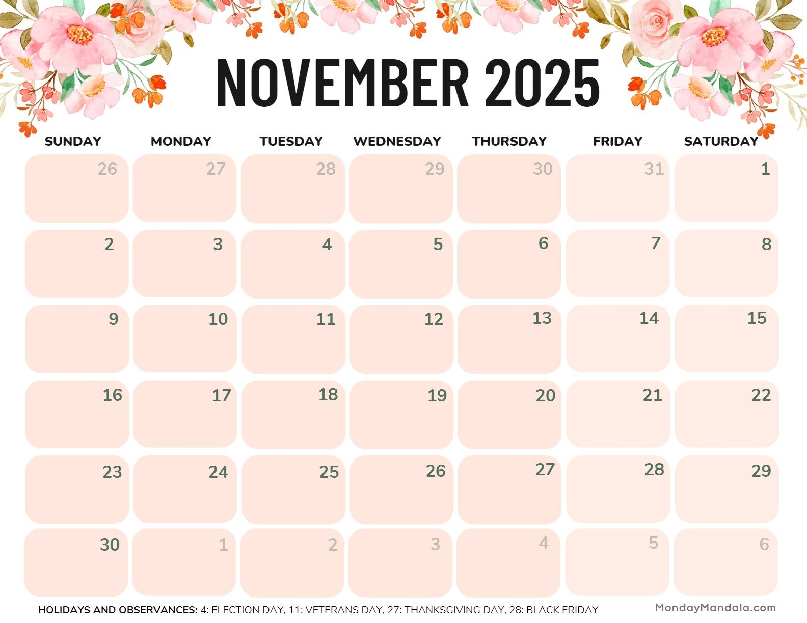 Free Printable November 2025 Calender