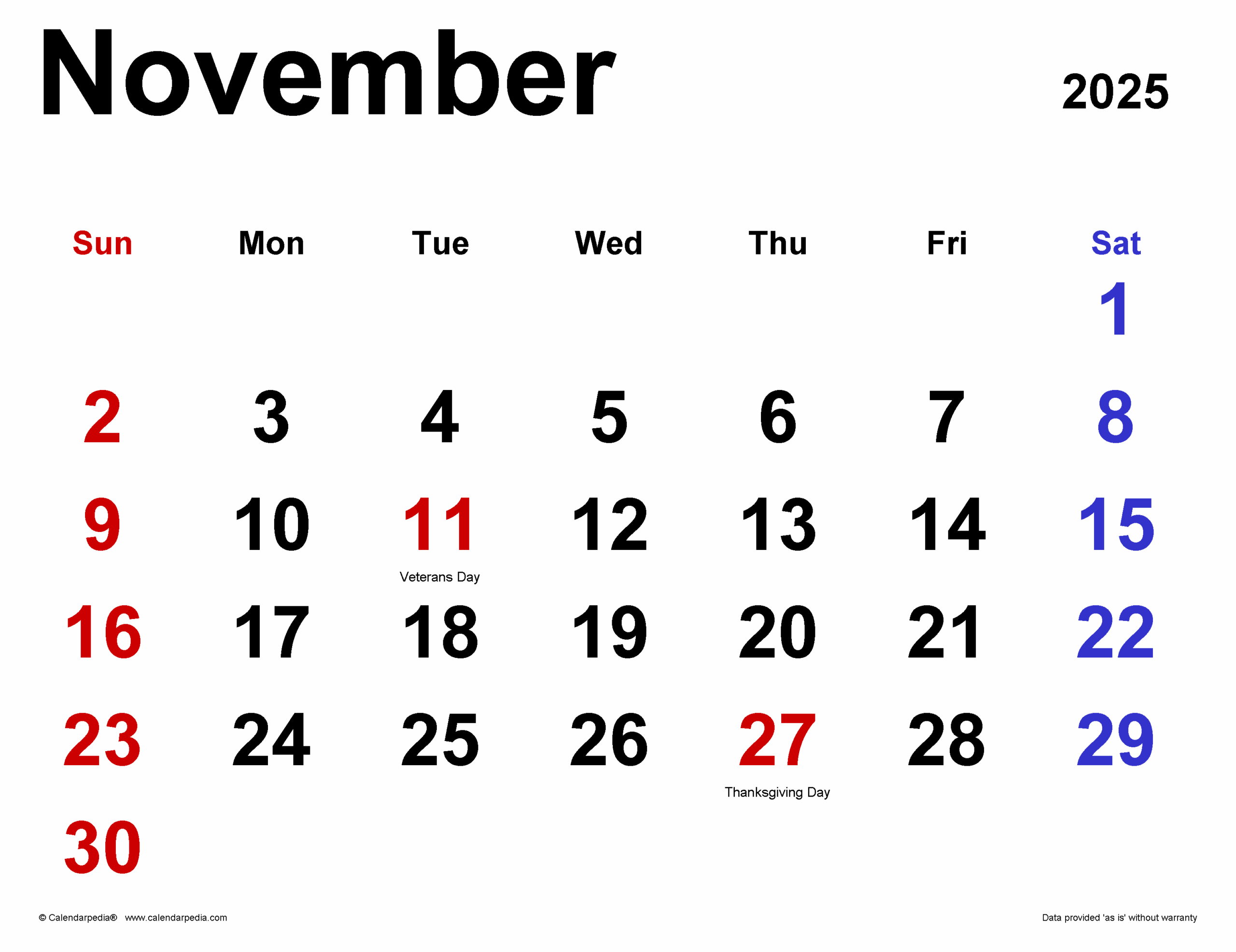 November 2025 Calendar Templates For PDF Excel And Word