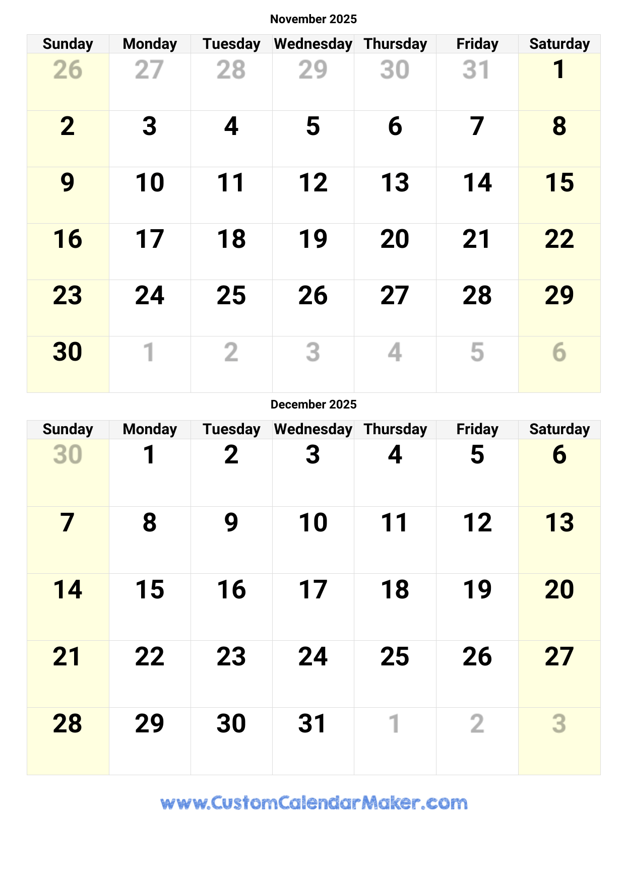 November And December 2025 Calendar Word