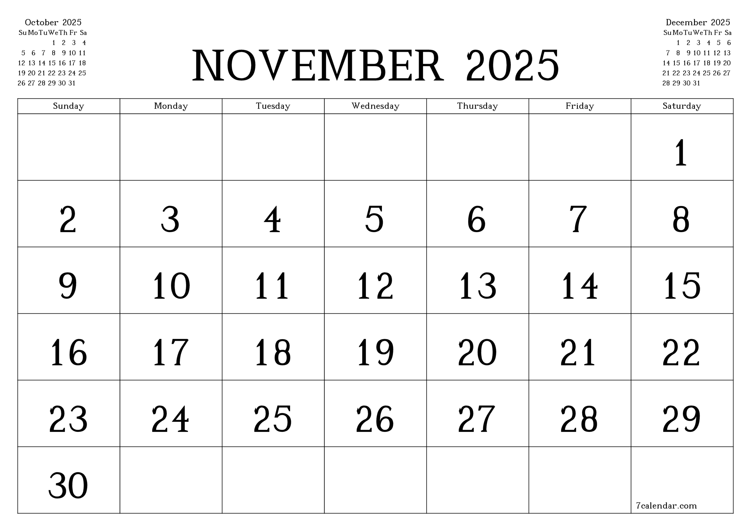 November Calendar 2025 Printable Template 7calendar