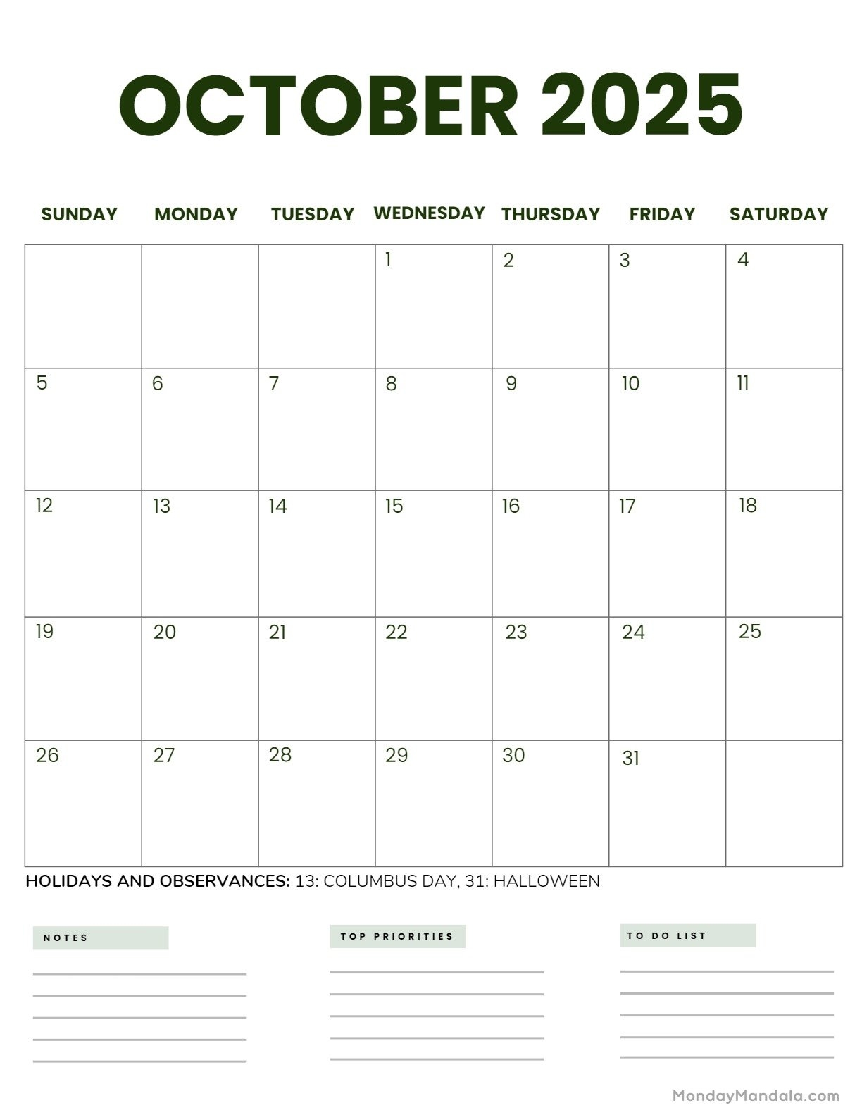 October 2025 Calendar Large Numbers