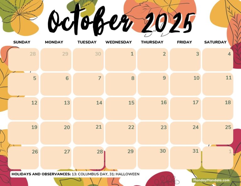 October 2025 Calendar 52 Free PDF Printables 