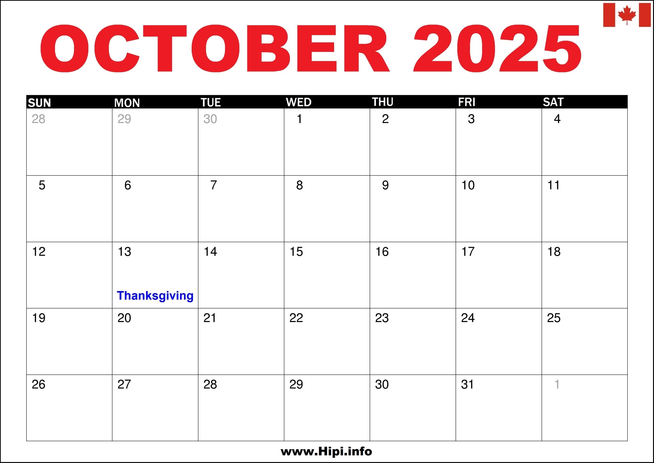 October 2025 Calendar Canada With Holidays Hipi info 