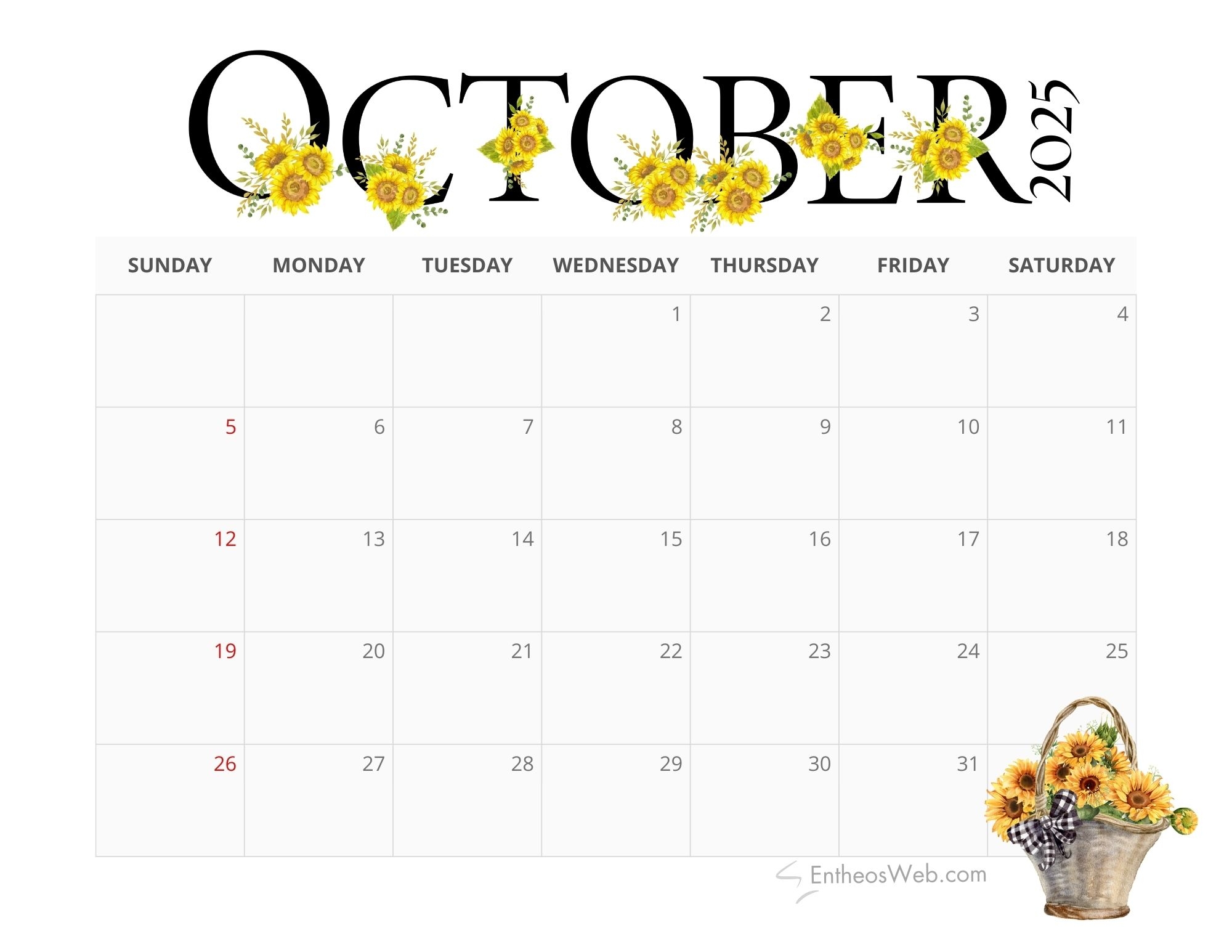 Month Blank Calendar 2025 October