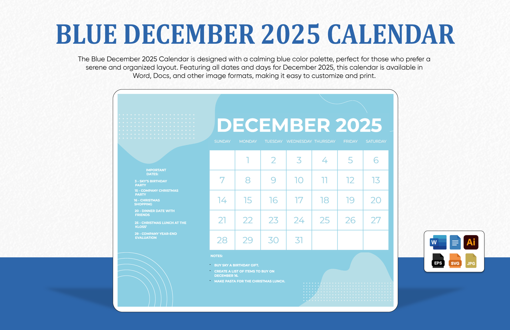 Printable December 2025 Monthly Calendar In SVG JPG Word Illustrator EPS Google Docs To Download Template
