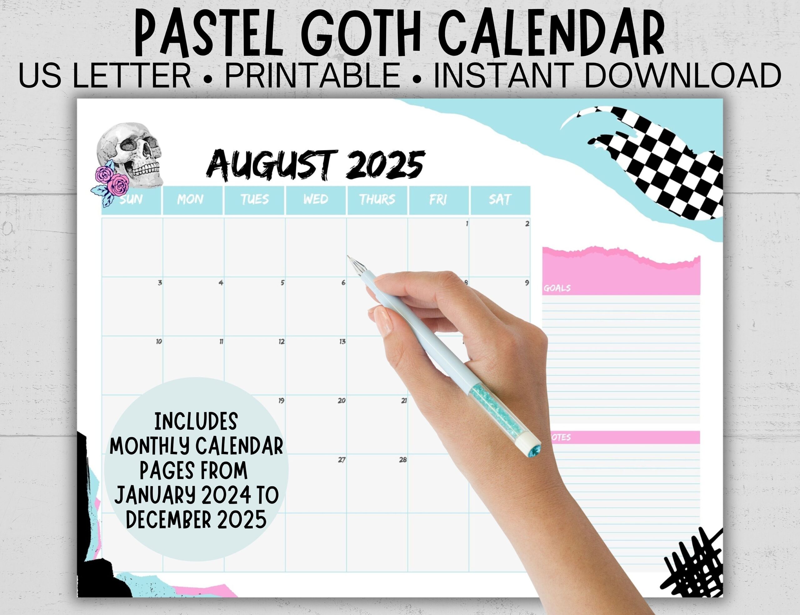 Printable Emo Punk 2024 2025 Calendar Skull Monthly Calendar Perpetual Calendar Pastel Goth Design Year At A Glance Included Etsy