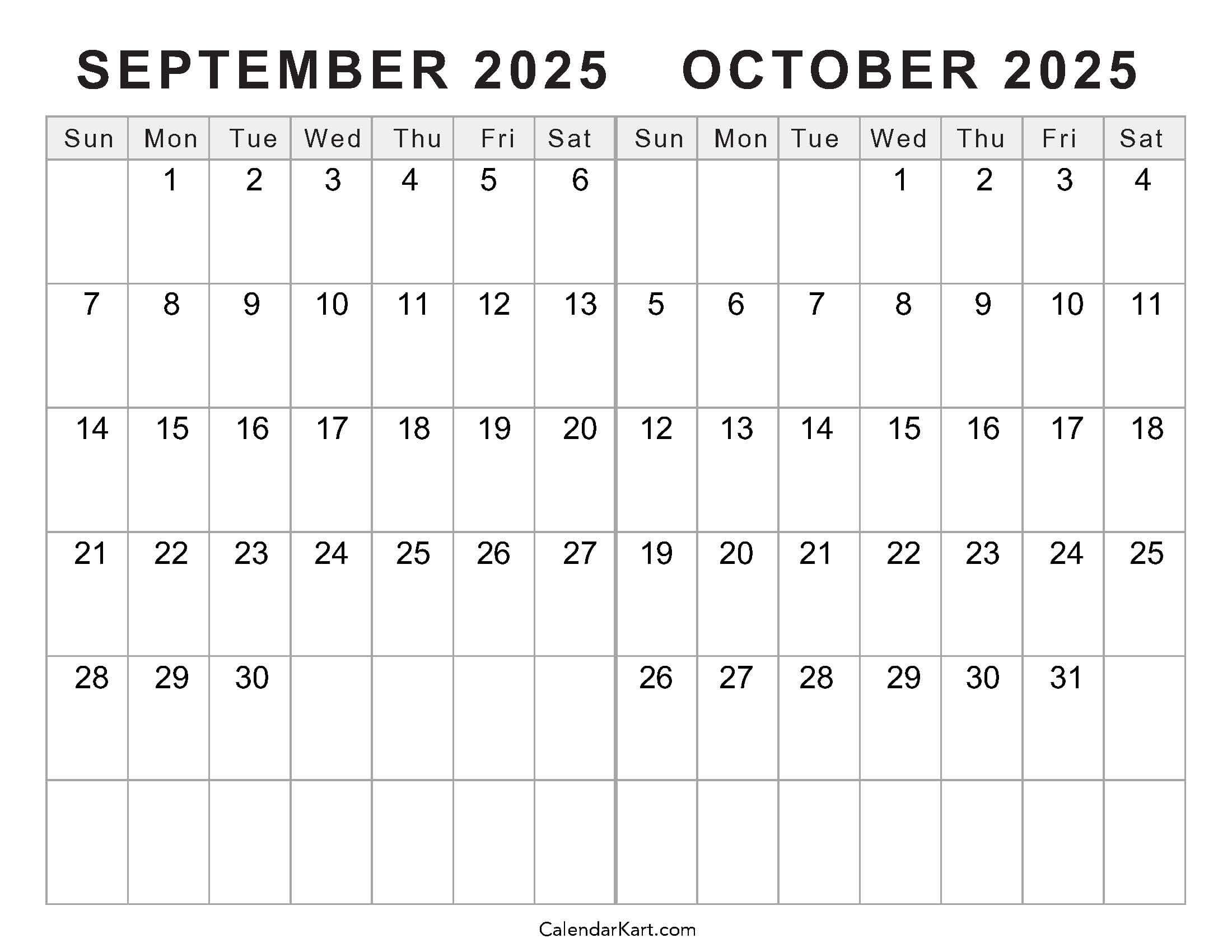 September October Calendar 2025 With Holidays