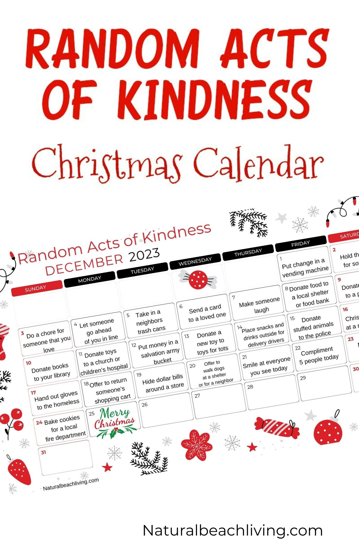 Random Acts Of Kindness Christmas Calendar Kindness Advent Calendar Natural Beach Living