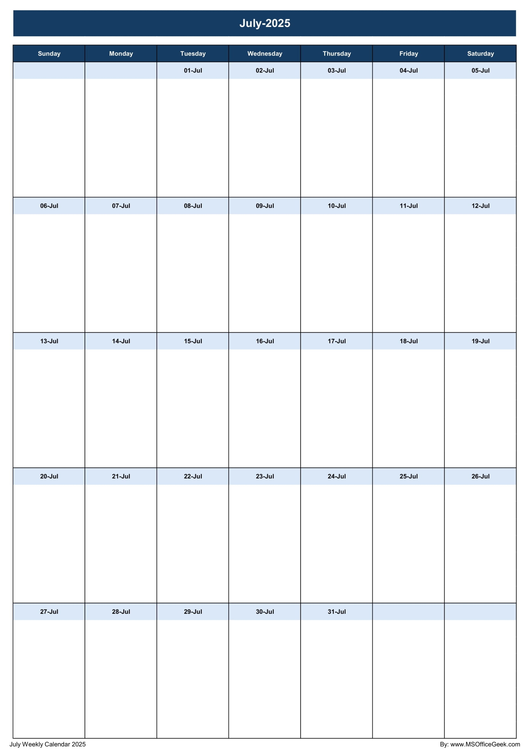 Weekly July 2025 Printable Calendar