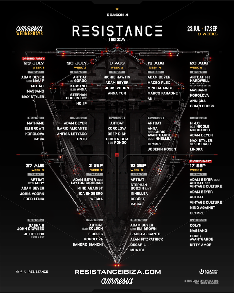 RESISTANCE Ibiza Reveals Full 2025 Season Calendar With Insane B2Bs EDMTunes