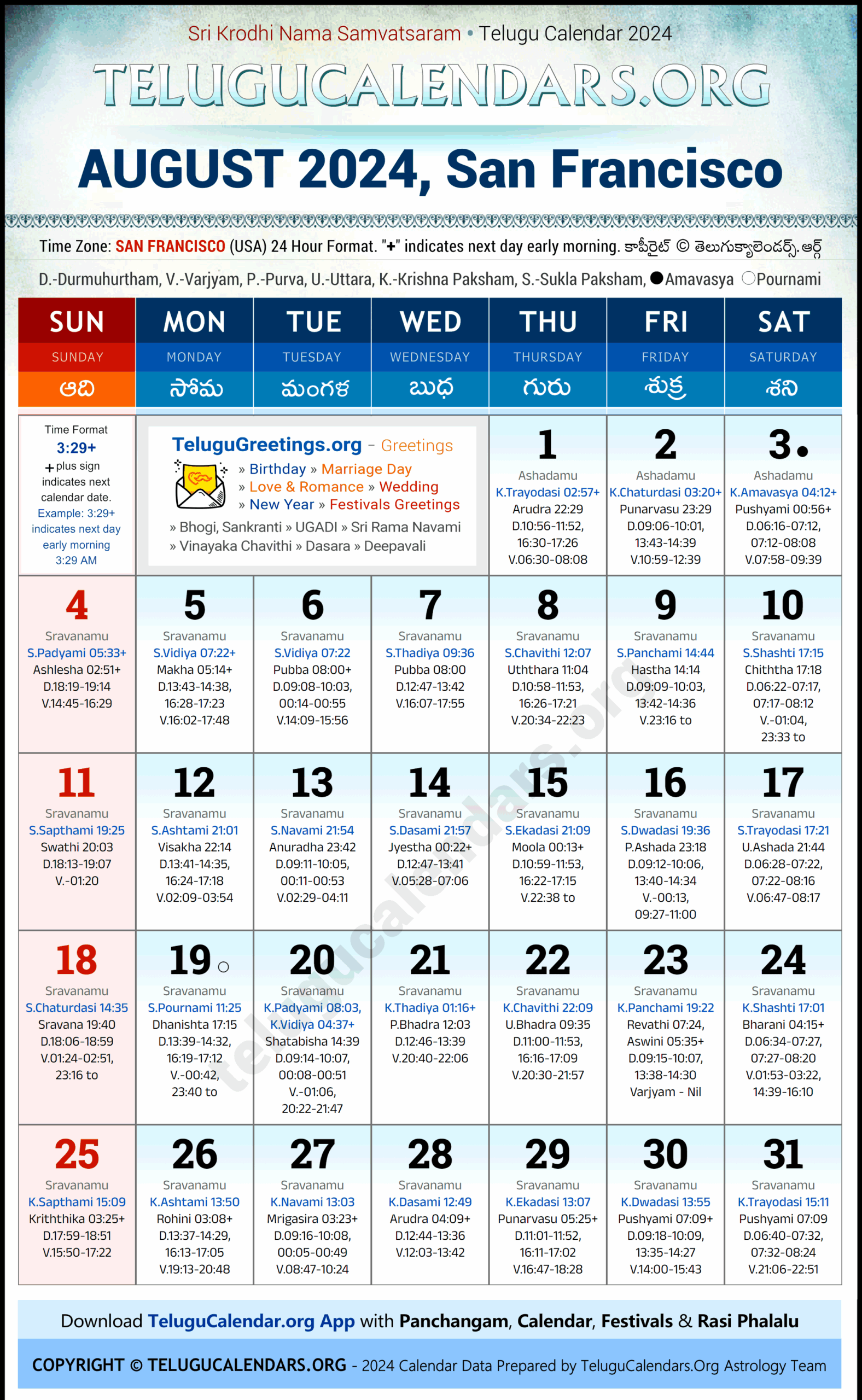 Telugu Calendar 2025 San Francisco August