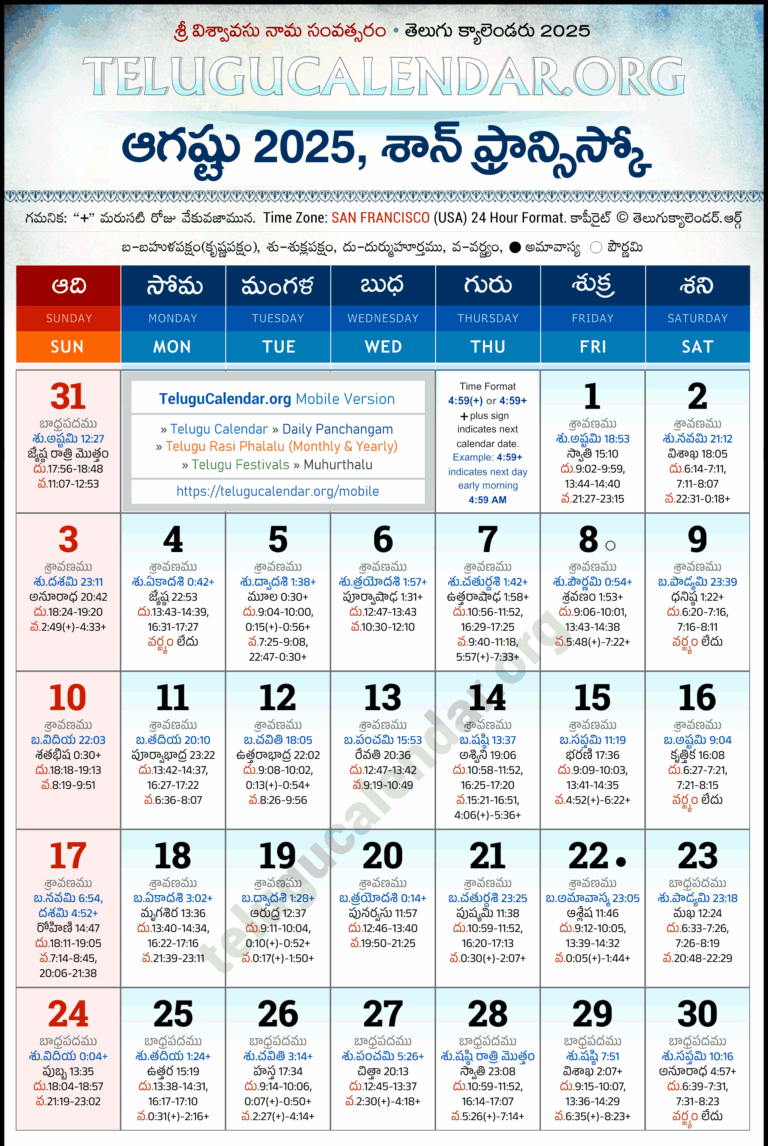 San Francisco Telugu Calendar 2025 August PDF Festivals