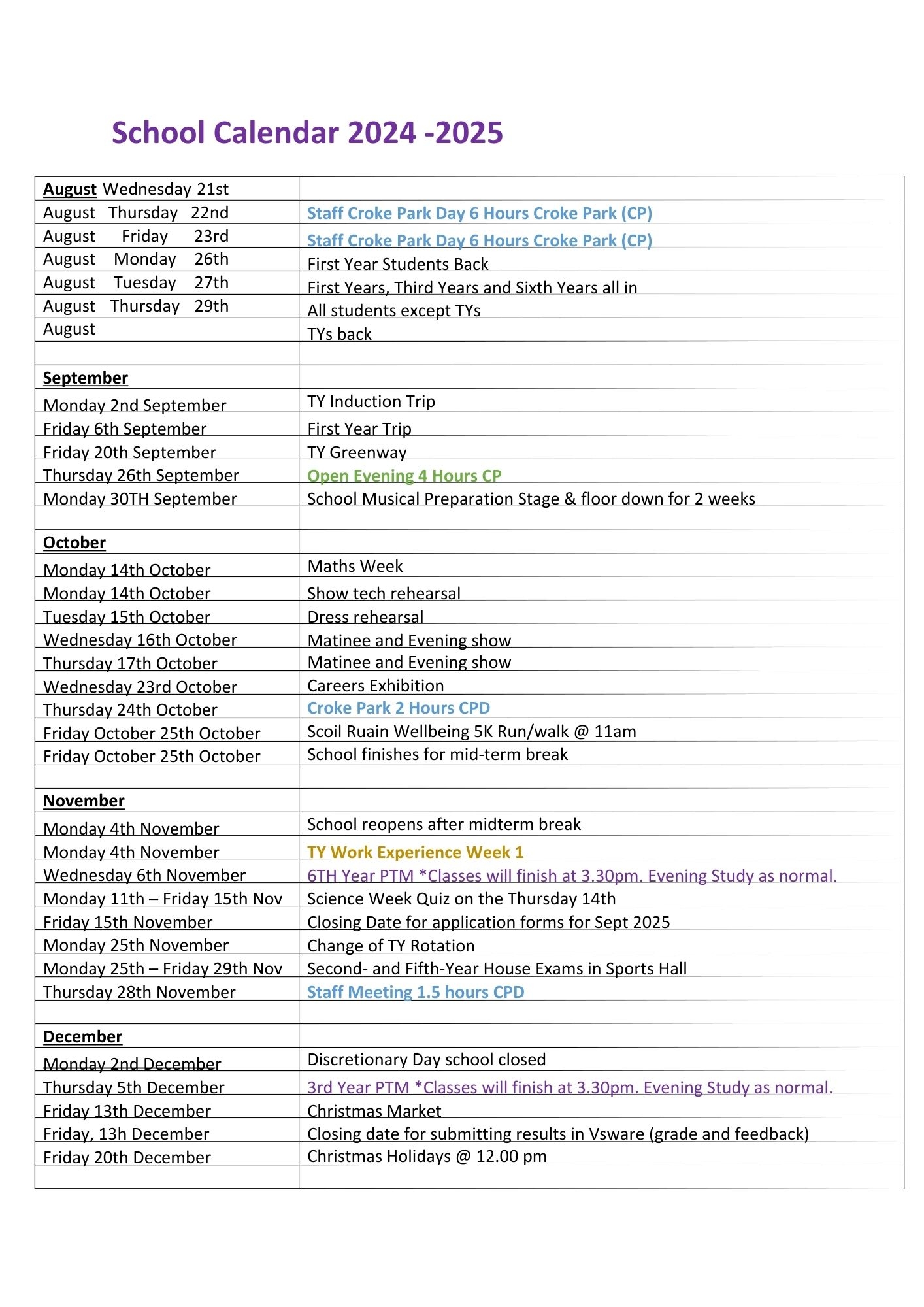 School Calendar 2024 25 Scoil Ru in