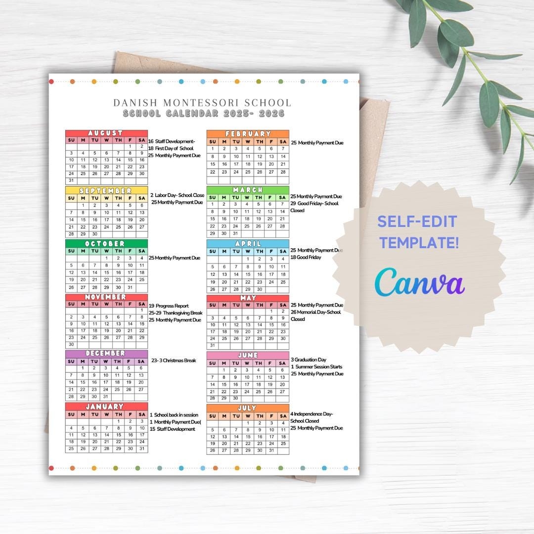 School Calendar 2025 2026 Perfect For Preschool Daycare Or Childcare Center EDITABLE Etsy UK