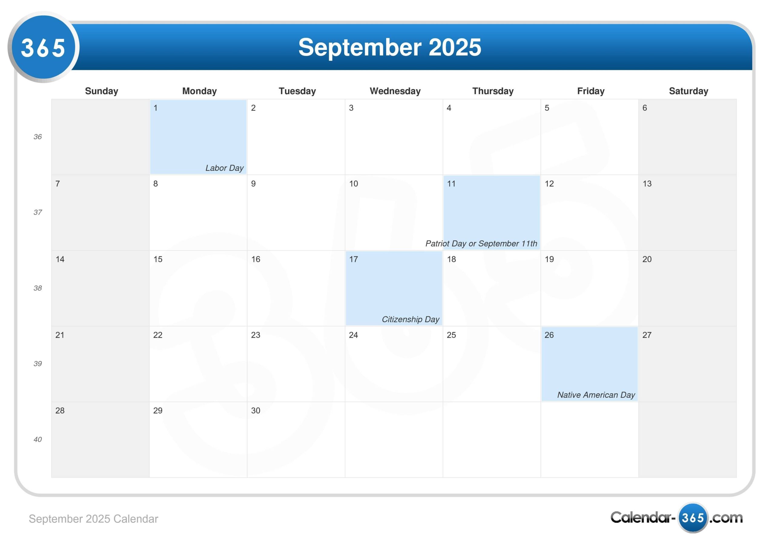 September Holiday Calender 2025
