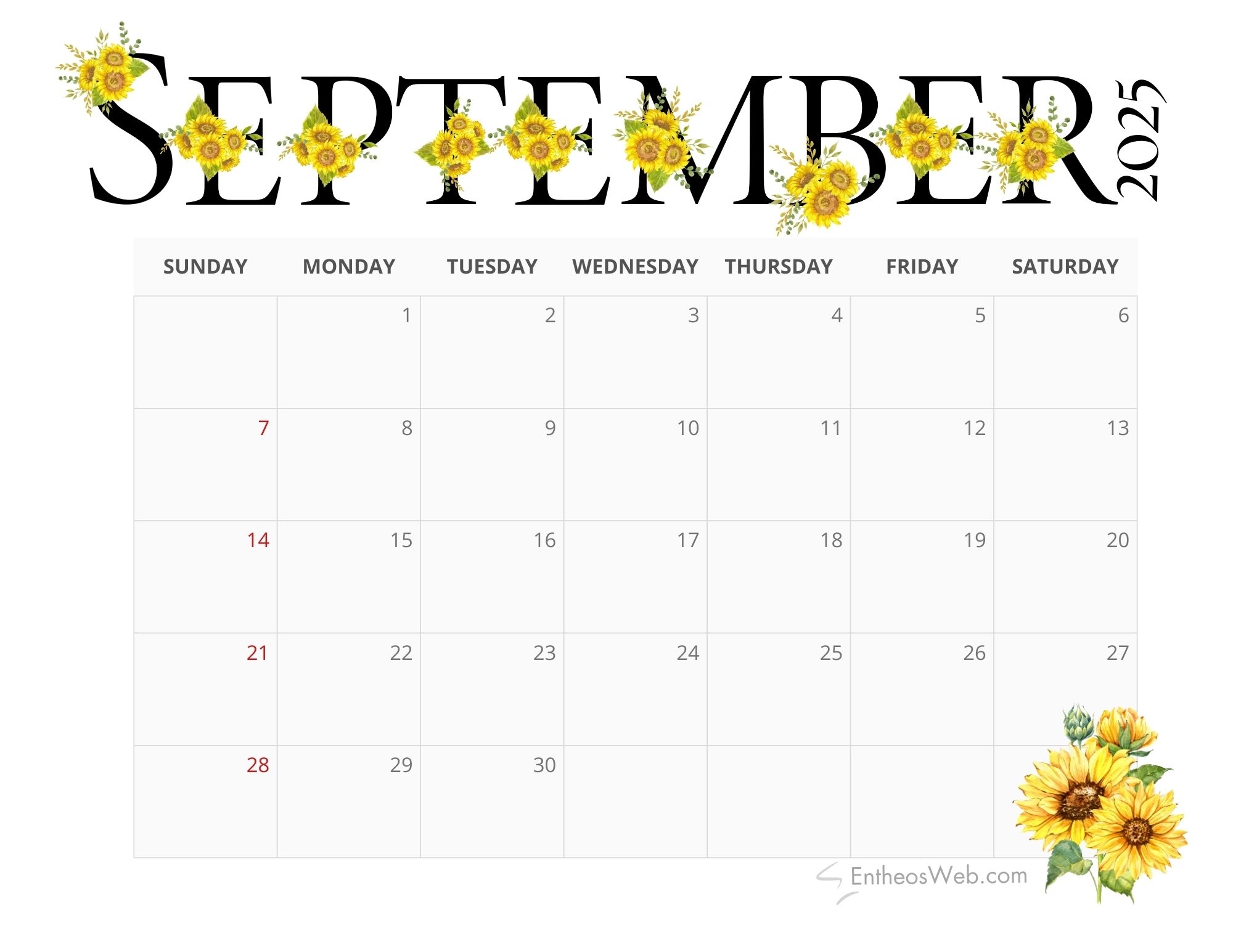 September Monthly Calendar 2025 Printable