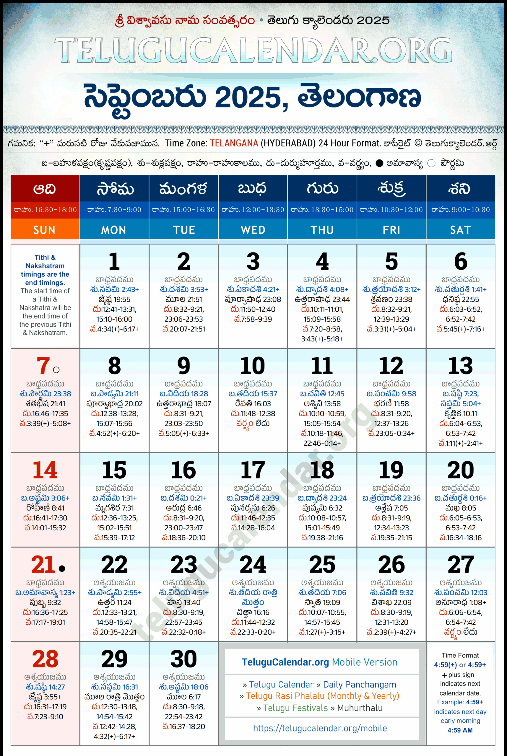 Telugu Calendar 2025 September India